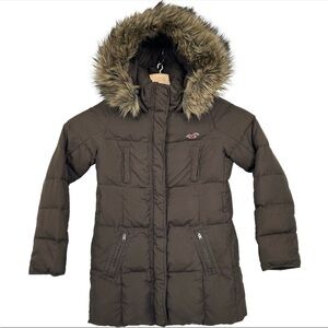 Hollister Brown Puffer Jacket with Faux Fur Hood
